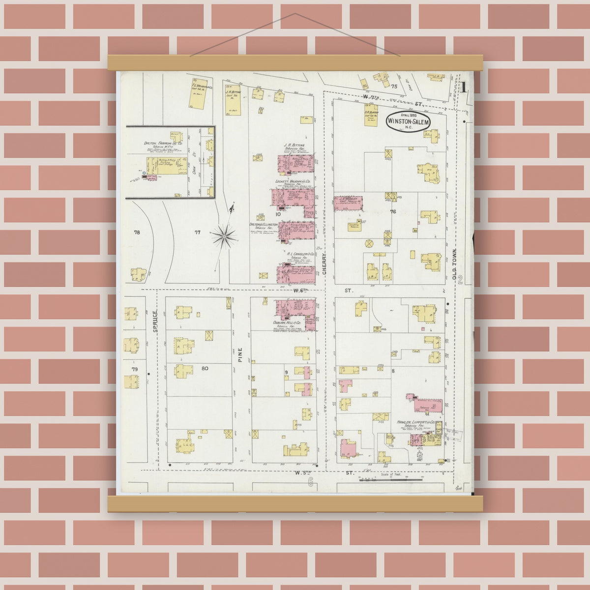 Old map wall art mockup — magnetic wood frame on brick wall — Sanborn Fire Insurance Map from Winston-Salem, Forsyth County, North Carolina (1895), Sheet #0001