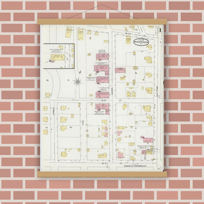 Old map wall art mockup — magnetic wood frame on brick wall — Sanborn Fire Insurance Map from Winston-Salem, Forsyth County, North Carolina (1895), Sheet #0001