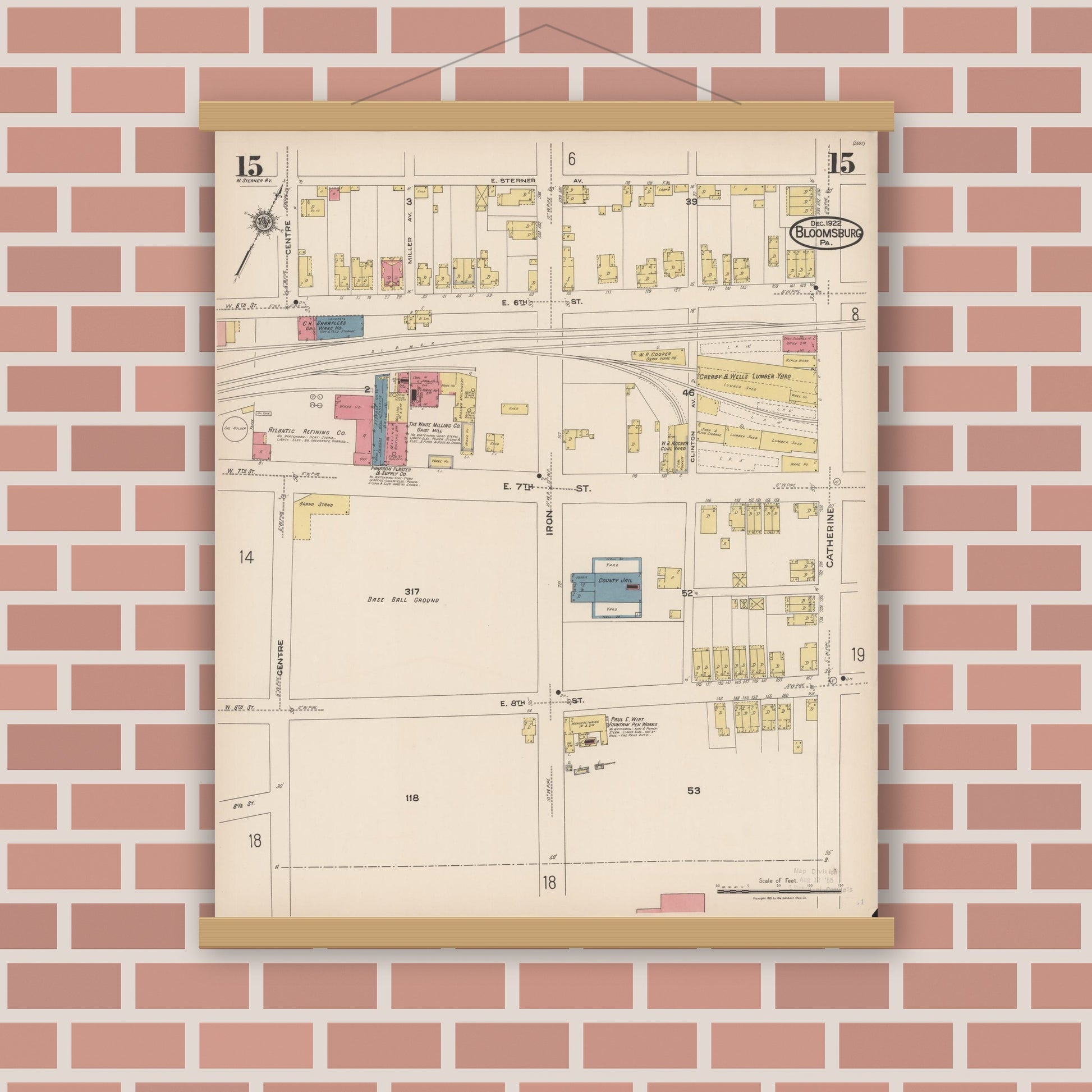 Old map wall art mockup — magnetic wood frame on brick wall — Sanborn Fire Insurance Map from Bloomsburg, Columbia County, Pennsylvania (1922), Sheet #0015