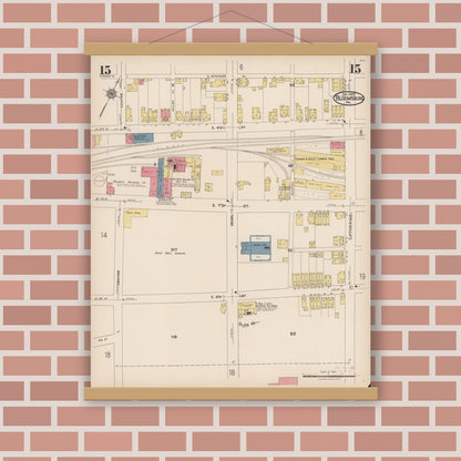 Old map wall art mockup — magnetic wood frame on brick wall — Sanborn Fire Insurance Map from Bloomsburg, Columbia County, Pennsylvania (1922), Sheet #0015