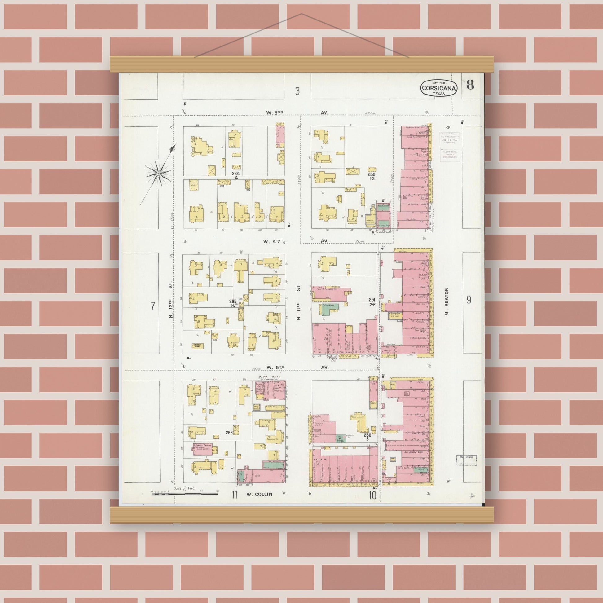 Old map wall art mockup — magnetic wood frame on brick wall — Sanborn Fire Insurance Map from Corsicana, Navarro County, Texas (1900), Sheet #0008