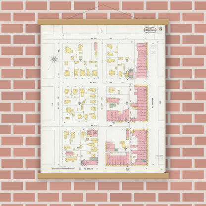 Old map wall art mockup — magnetic wood frame on brick wall — Sanborn Fire Insurance Map from Corsicana, Navarro County, Texas (1900), Sheet #0008