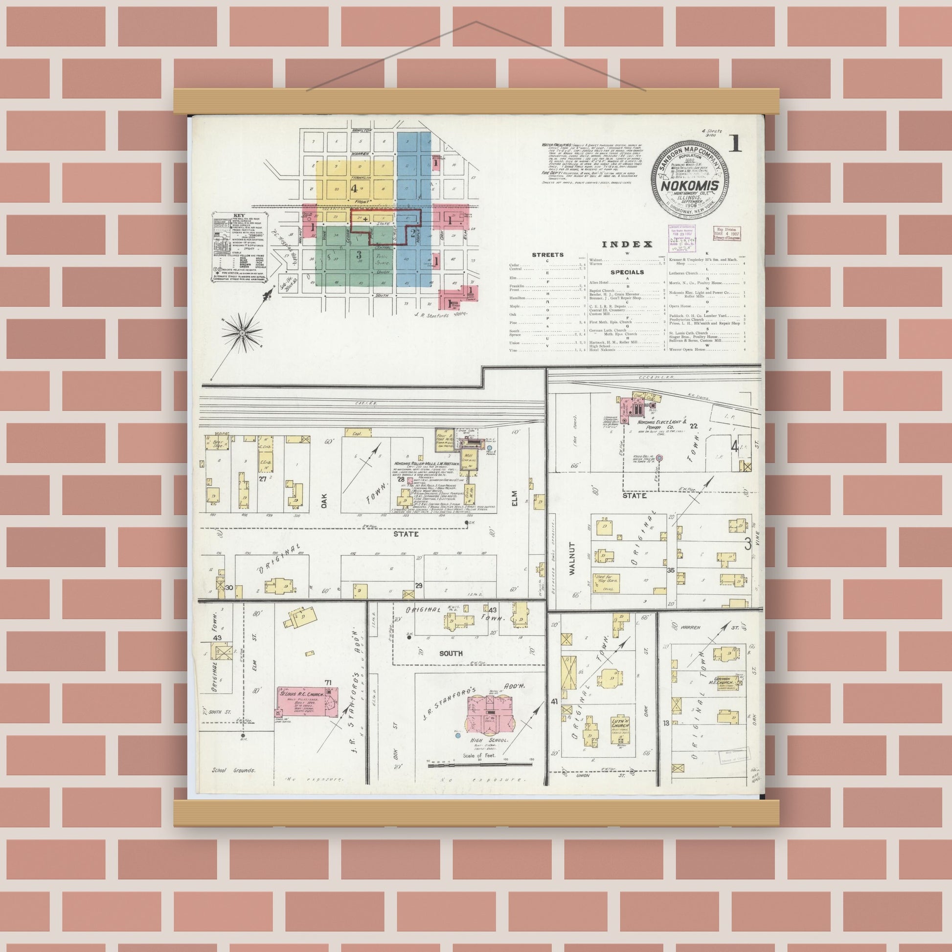 Old map wall art mockup — magnetic wood frame on brick wall — Sanborn Fire Insurance Map from Nokomis, Montgomery County, Illinois (1906), Sheet #0001