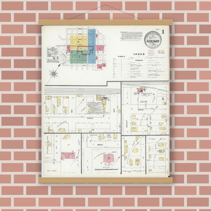 Old map wall art mockup — magnetic wood frame on brick wall — Sanborn Fire Insurance Map from Nokomis, Montgomery County, Illinois (1906), Sheet #0001