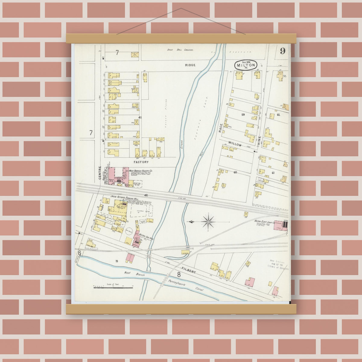 Old map wall art mockup — magnetic wood frame on brick wall — Sanborn Fire Insurance Map from Milton, Northumberland County, Pennsylvania (1896), Sheet #0009