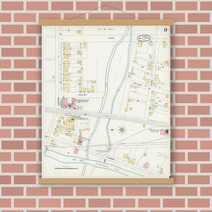Old map wall art mockup — magnetic wood frame on brick wall — Sanborn Fire Insurance Map from Milton, Northumberland County, Pennsylvania (1896), Sheet #0009