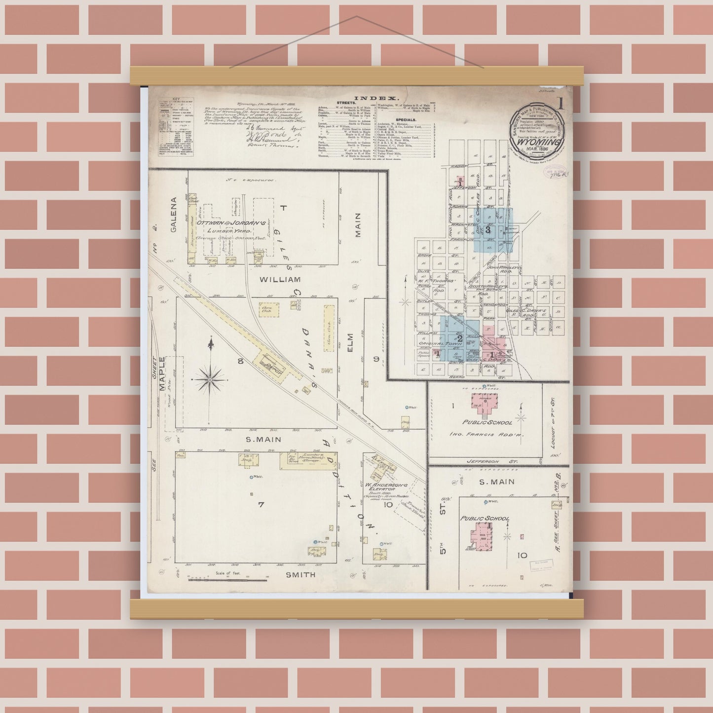 Old map wall art mockup — magnetic wood frame on brick wall — Sanborn Fire Insurance Map from Wyoming, Stark County, Illinois (1886) - Complete Map Set