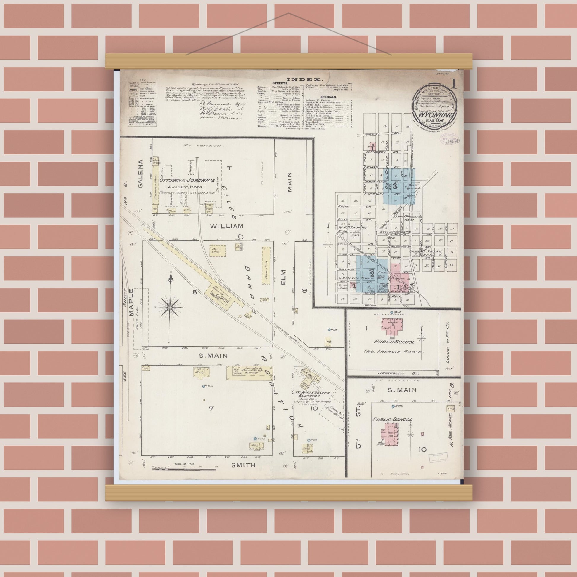 Old map wall art mockup — magnetic wood frame on brick wall — Sanborn Fire Insurance Map from Wyoming, Stark County, Illinois (1886) - Complete Map Set