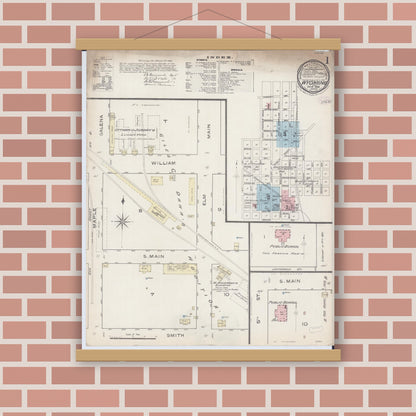 Old map wall art mockup — magnetic wood frame on brick wall — Sanborn Fire Insurance Map from Wyoming, Stark County, Illinois (1886) - Complete Map Set