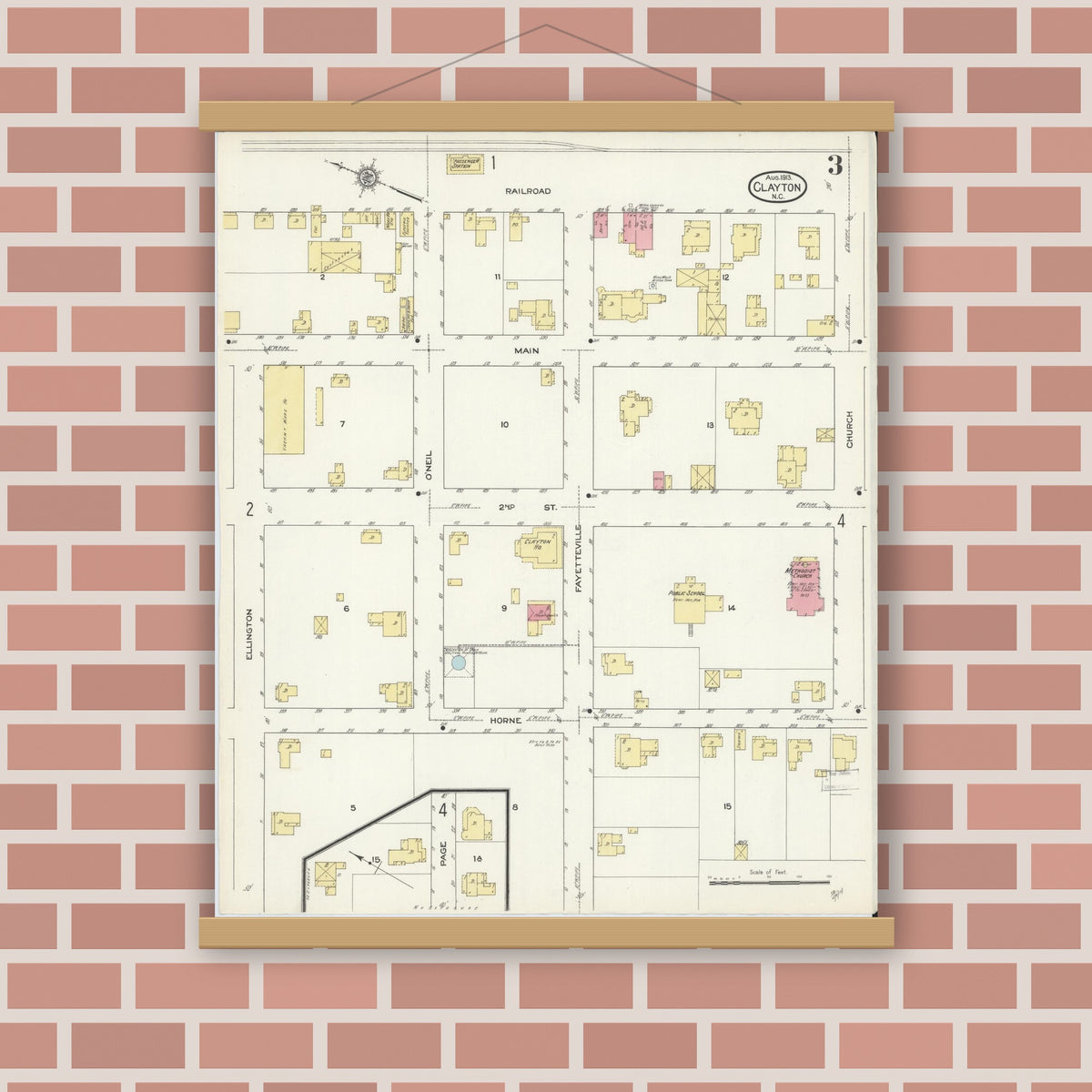Old map wall art mockup — magnetic wood frame on brick wall — Sanborn Fire Insurance Map from Clayton, Johnston County, North Carolina (1913), Sheet #0003