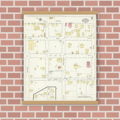 Old map wall art mockup — magnetic wood frame on brick wall — Sanborn Fire Insurance Map from Clayton, Johnston County, North Carolina (1913), Sheet #0003