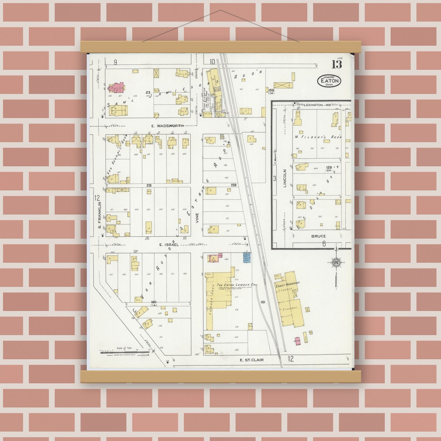 Old map wall art mockup — magnetic wood frame on brick wall — Sanborn Fire Insurance Map from Eaton, Preble County, Ohio (1921), Sheet #0013
