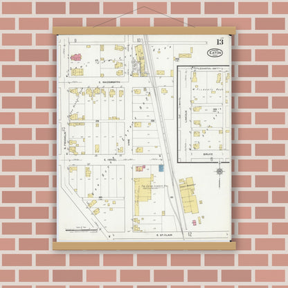 Old map wall art mockup — magnetic wood frame on brick wall — Sanborn Fire Insurance Map from Eaton, Preble County, Ohio (1921), Sheet #0013