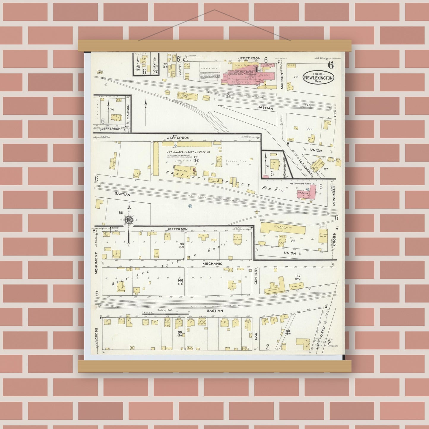 Old map wall art mockup — magnetic wood frame on brick wall — Sanborn Fire Insurance Map from New Lexington, Perry County, Ohio (1916), Sheet #0006