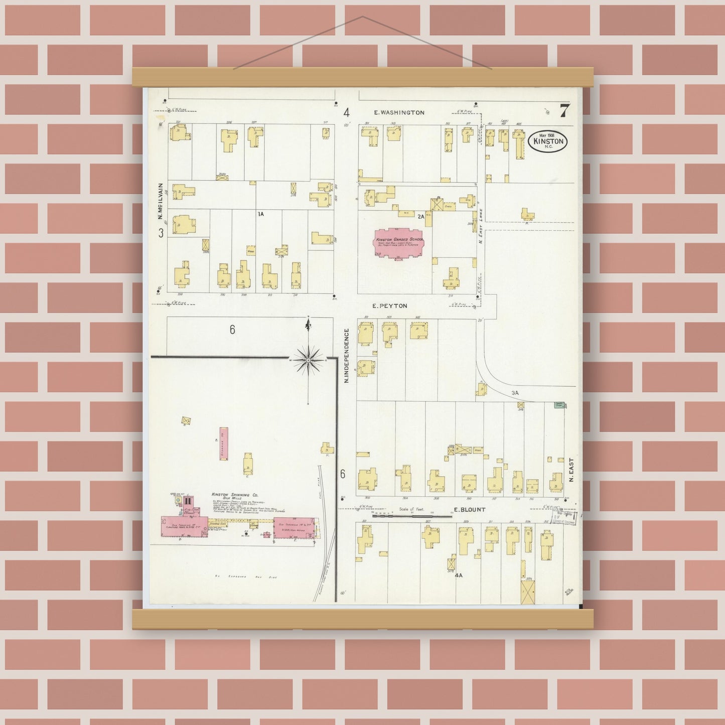 Old map wall art mockup — magnetic wood frame on brick wall — Sanborn Fire Insurance Map from Kinston, Lenoir County, North Carolina (1908), Sheet #0007