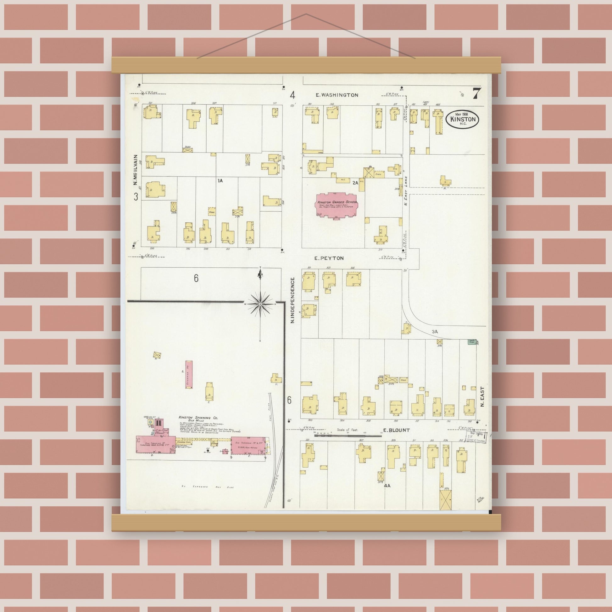 Old map wall art mockup — magnetic wood frame on brick wall — Sanborn Fire Insurance Map from Kinston, Lenoir County, North Carolina (1908), Sheet #0007