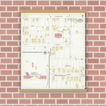 Old map wall art mockup — magnetic wood frame on brick wall — Sanborn Fire Insurance Map from Kinston, Lenoir County, North Carolina (1908), Sheet #0007