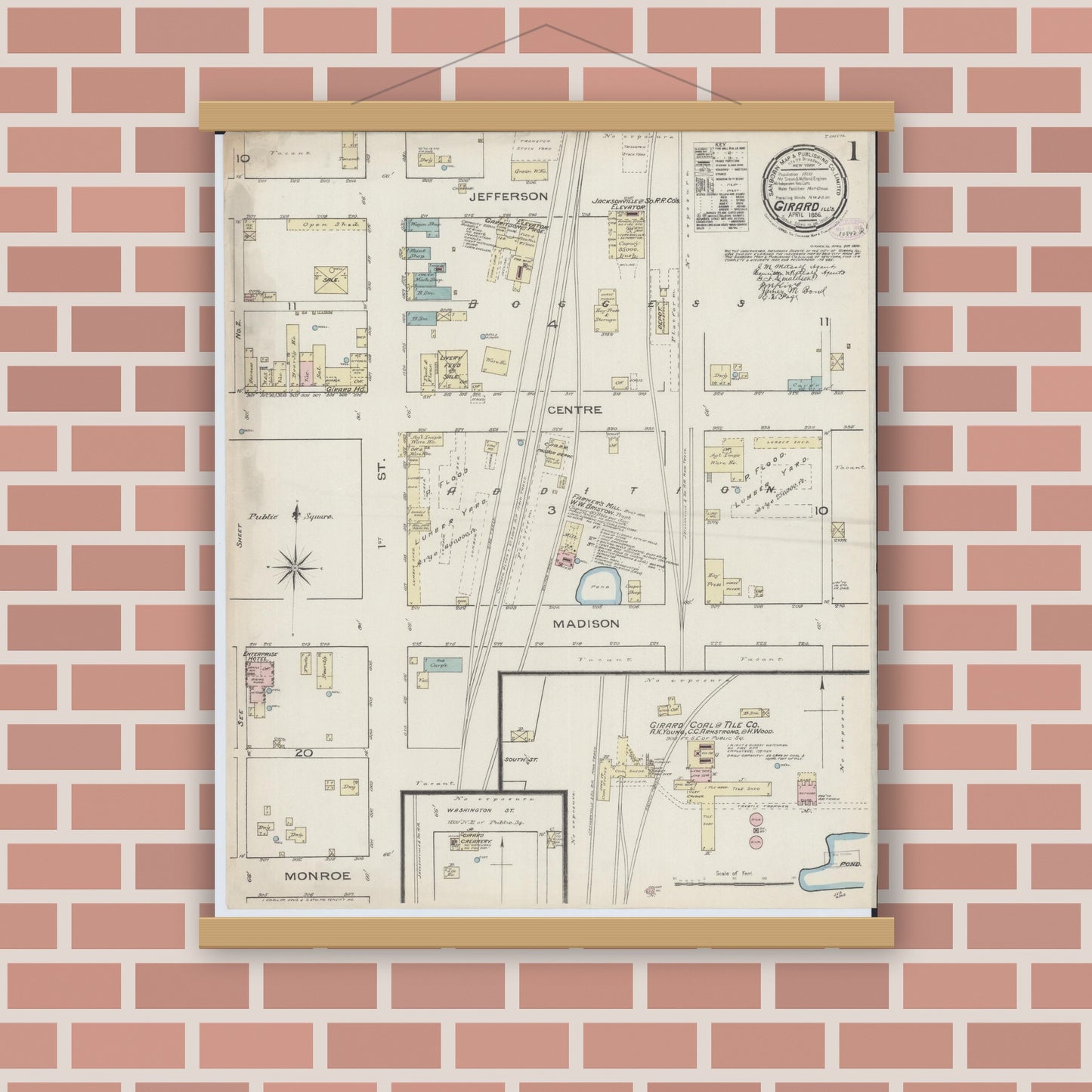 Old map wall art mockup — magnetic wood frame on brick wall — Sanborn Fire Insurance Map from Girard, Macoupin County, Illinois (1886) - Complete Map Set