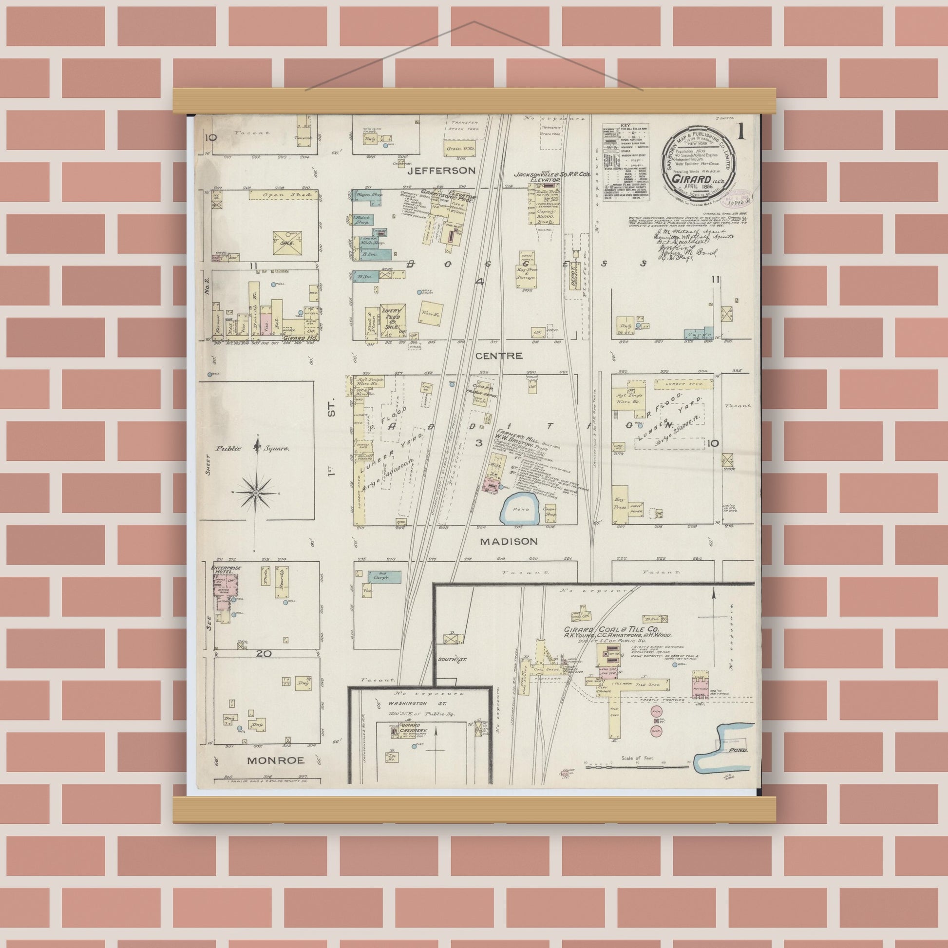 Old map wall art mockup — magnetic wood frame on brick wall — Sanborn Fire Insurance Map from Girard, Macoupin County, Illinois (1886) - Complete Map Set