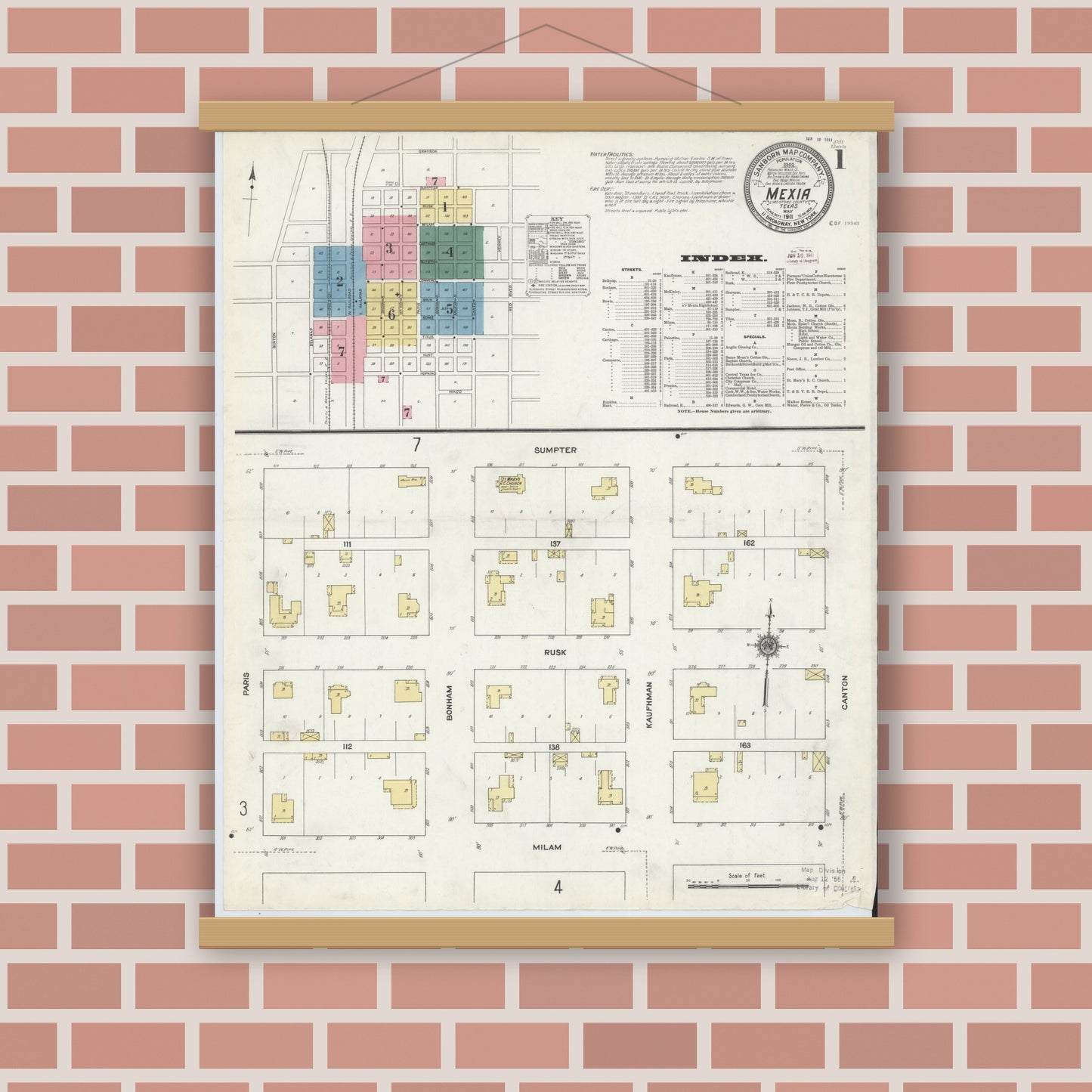 Old map wall art mockup — magnetic wood frame on brick wall — Sanborn Fire Insurance Map from Mexia, Limestone County, Texas (1911), Sheet #0001