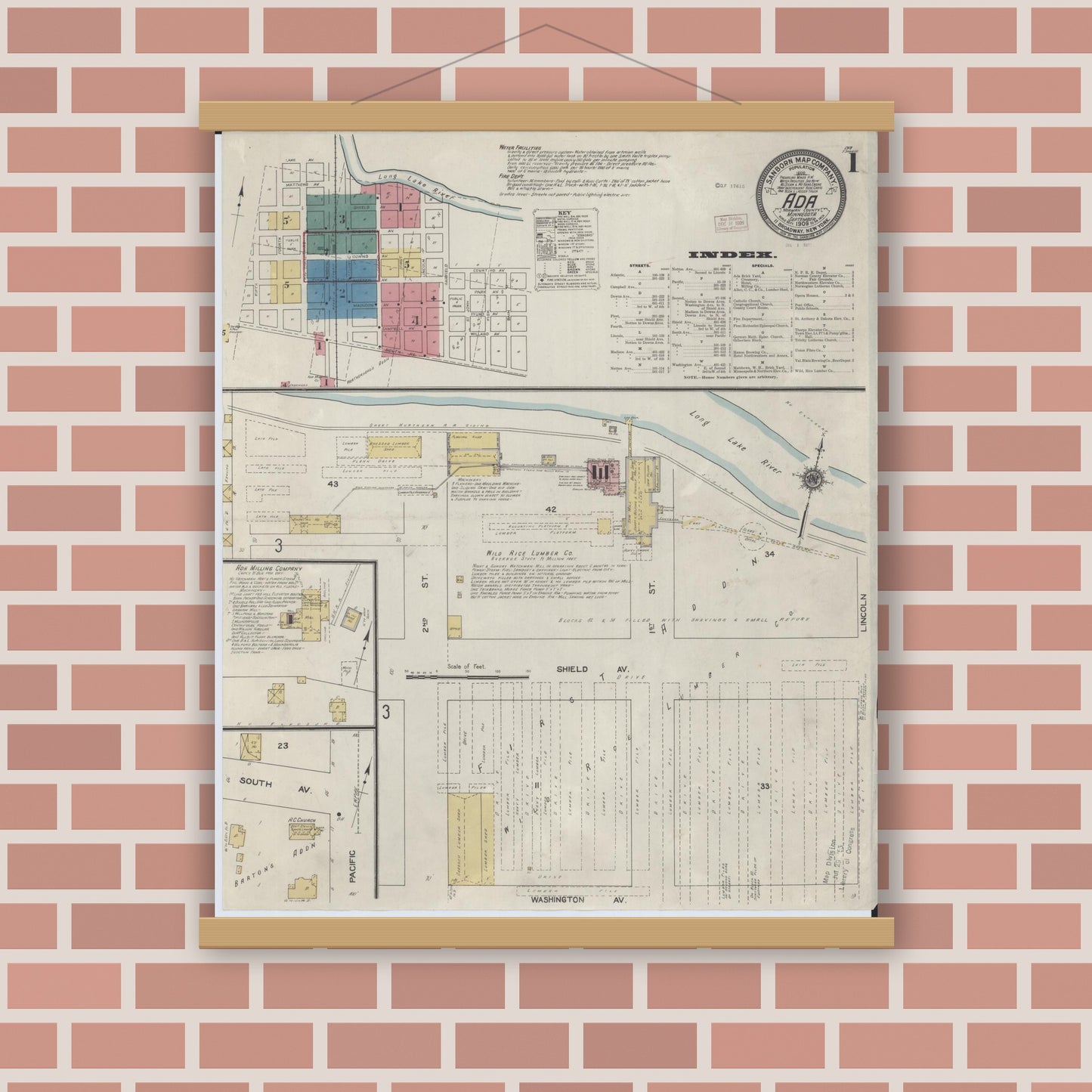 Old map wall art mockup — magnetic wood frame on brick wall — Sanborn Fire Insurance Map from Ada, Norman County, Minnesota (1909), Sheet #0001