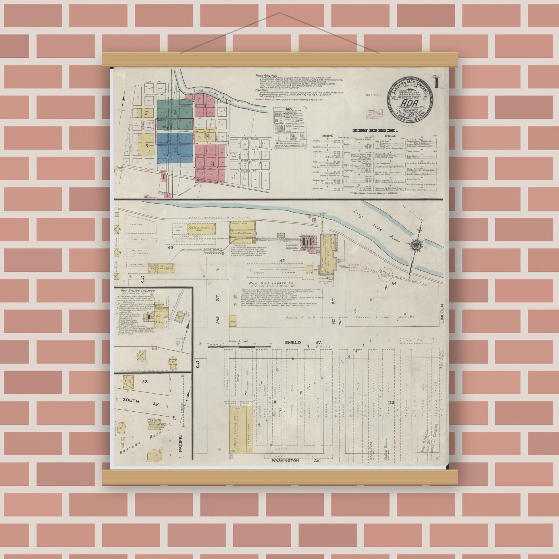 Old map wall art mockup — magnetic wood frame on brick wall — Sanborn Fire Insurance Map from Ada, Norman County, Minnesota (1909), Sheet #0001