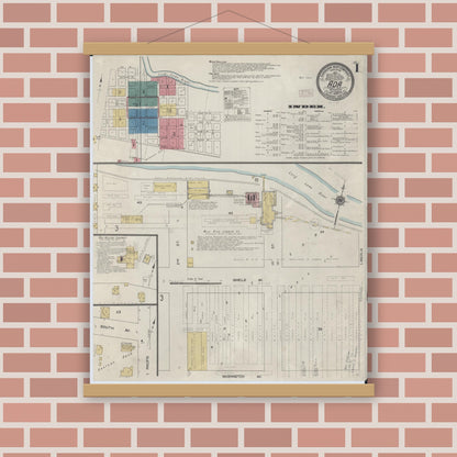 Old map wall art mockup — magnetic wood frame on brick wall — Sanborn Fire Insurance Map from Ada, Norman County, Minnesota (1909), Sheet #0001