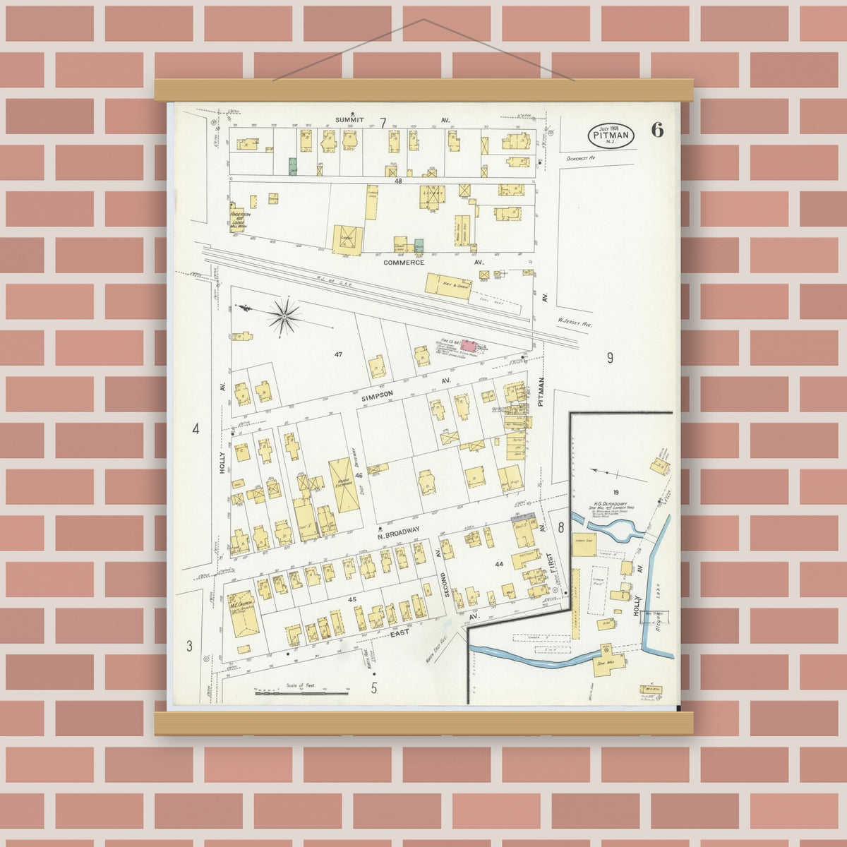 Old map wall art mockup — magnetic wood frame on brick wall — Sanborn Fire Insurance Map from Pitman, Gloucester County, New Jersey (1908), Sheet #0006