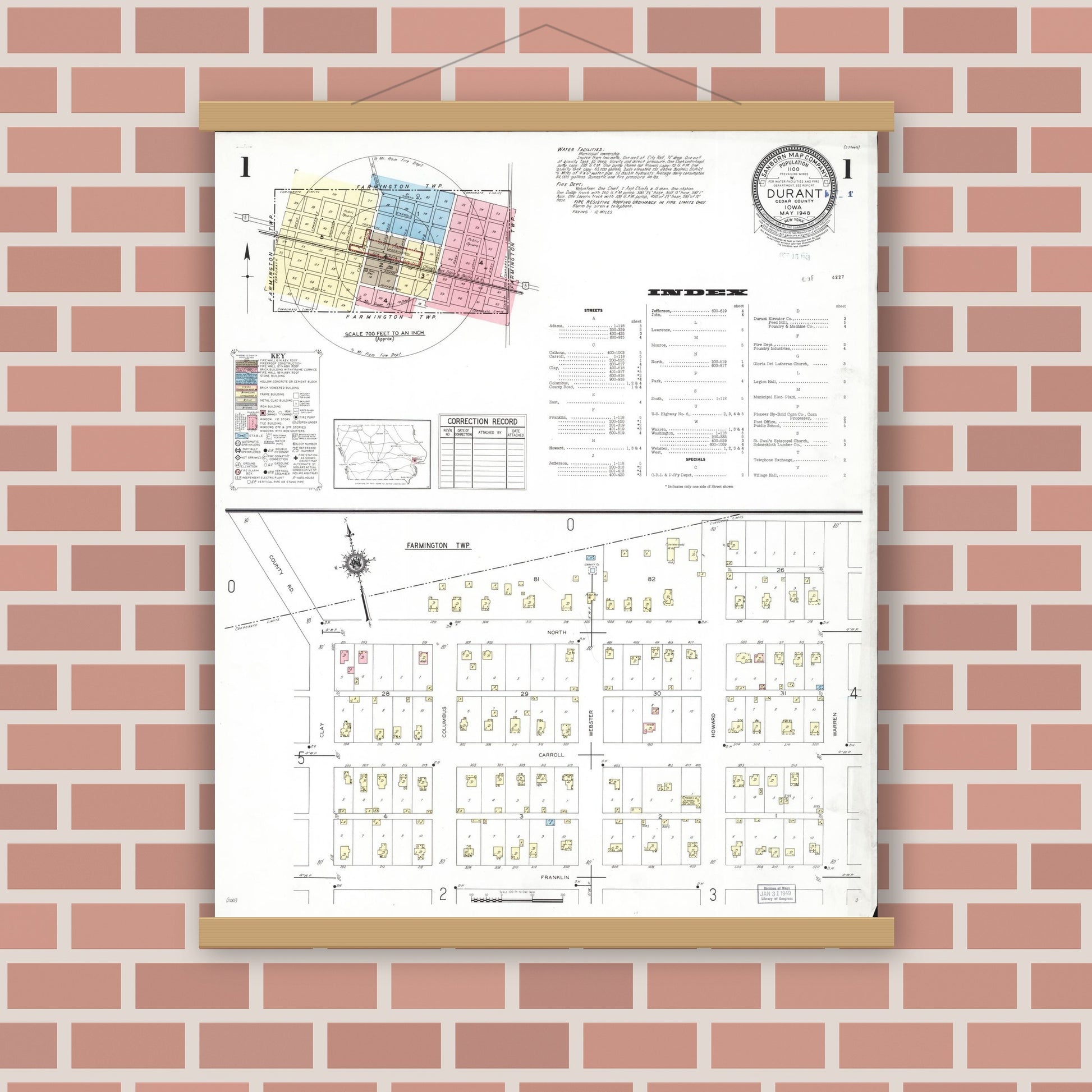 Old map wall art mockup — magnetic wood frame on brick wall — Sanborn Fire Insurance Map from Durant, Cedar County, Iowa (1948), Sheet #0001