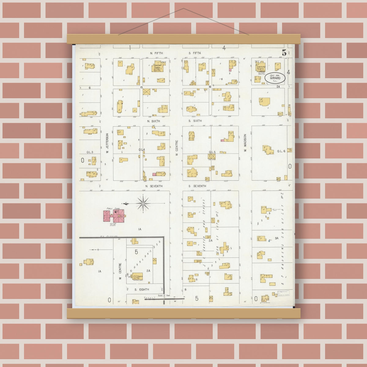 Old map wall art mockup — magnetic wood frame on brick wall — Sanborn Fire Insurance Map from Girard, Macoupin County, Illinois (1906), Sheet #0005