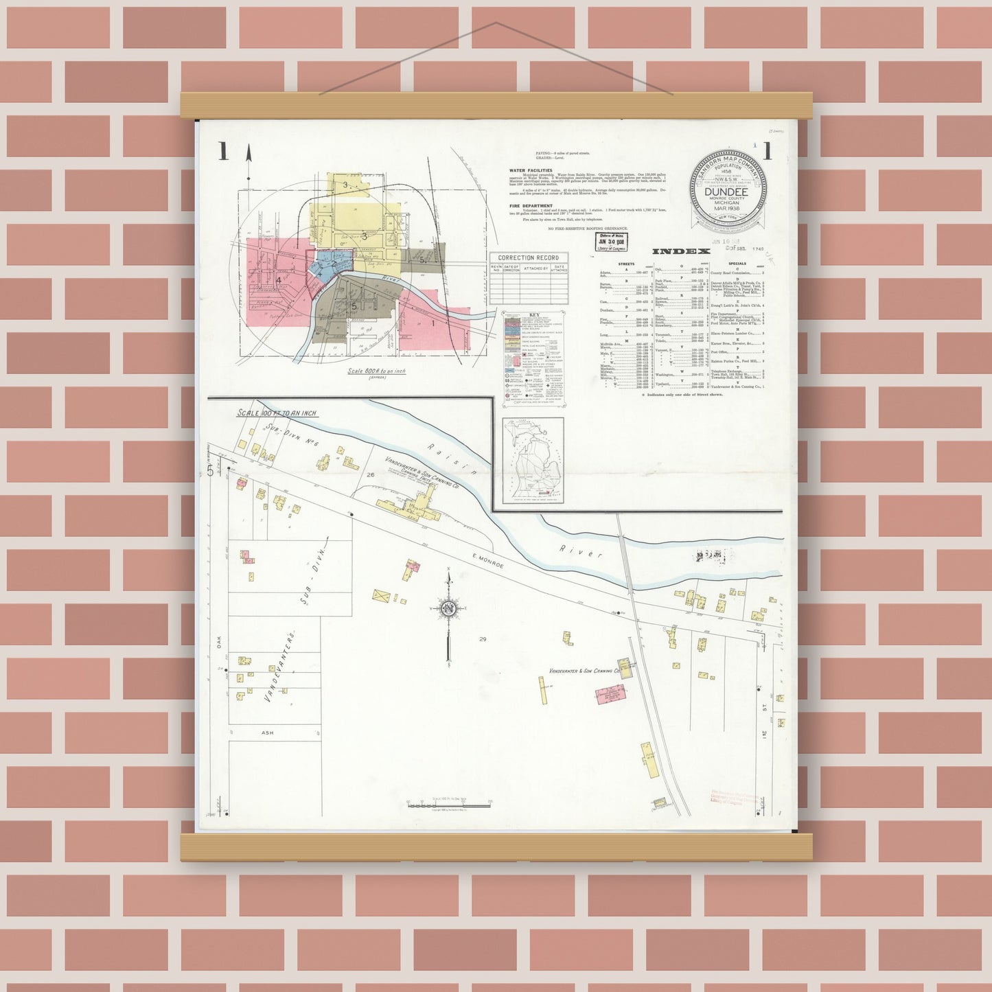 Old map wall art mockup — magnetic wood frame on brick wall — Sanborn Fire Insurance Map from Dundee, Monroe County, Michigan (1938) - Complete Map Set