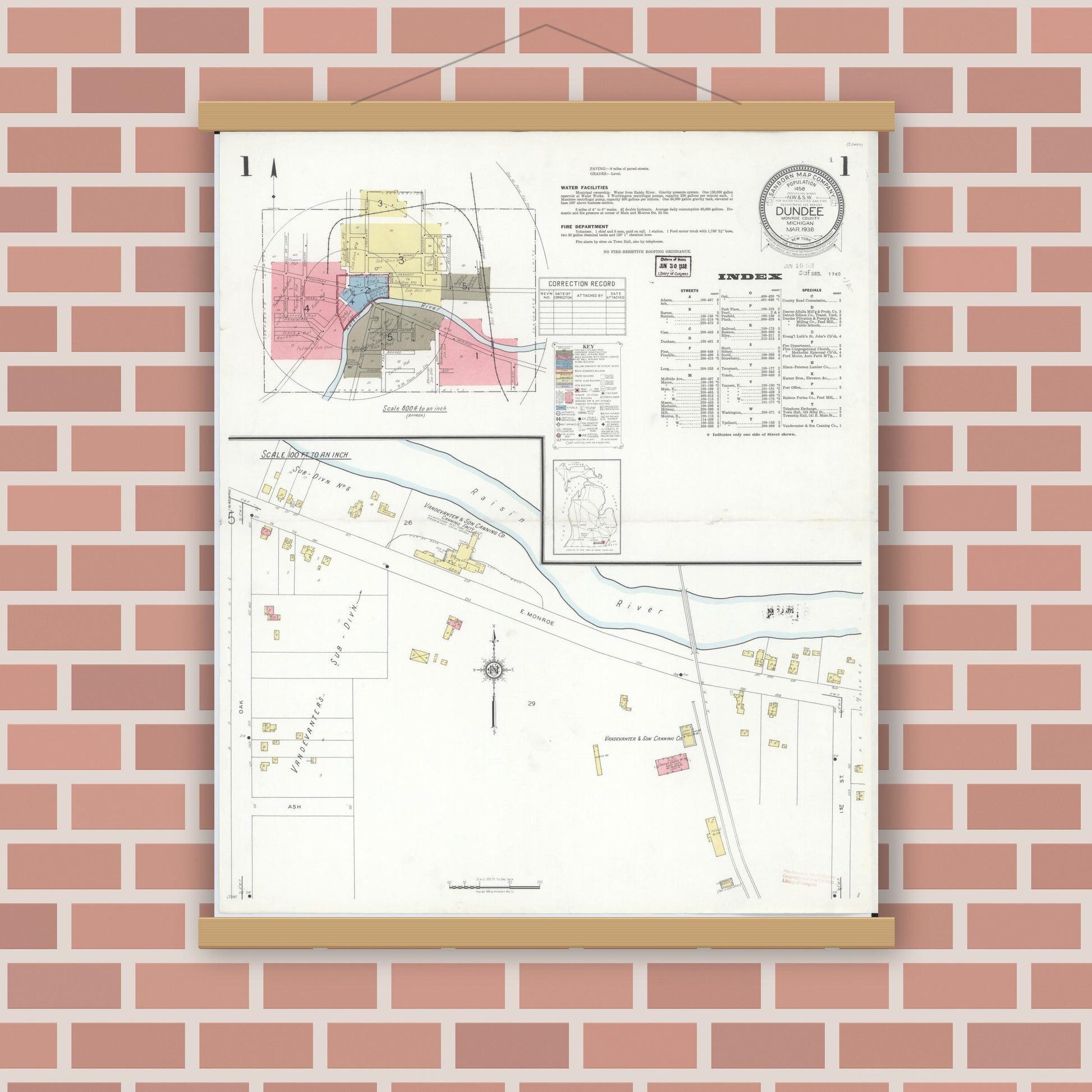 Old map wall art mockup — magnetic wood frame on brick wall — Sanborn Fire Insurance Map from Dundee, Monroe County, Michigan (1938) - Complete Map Set