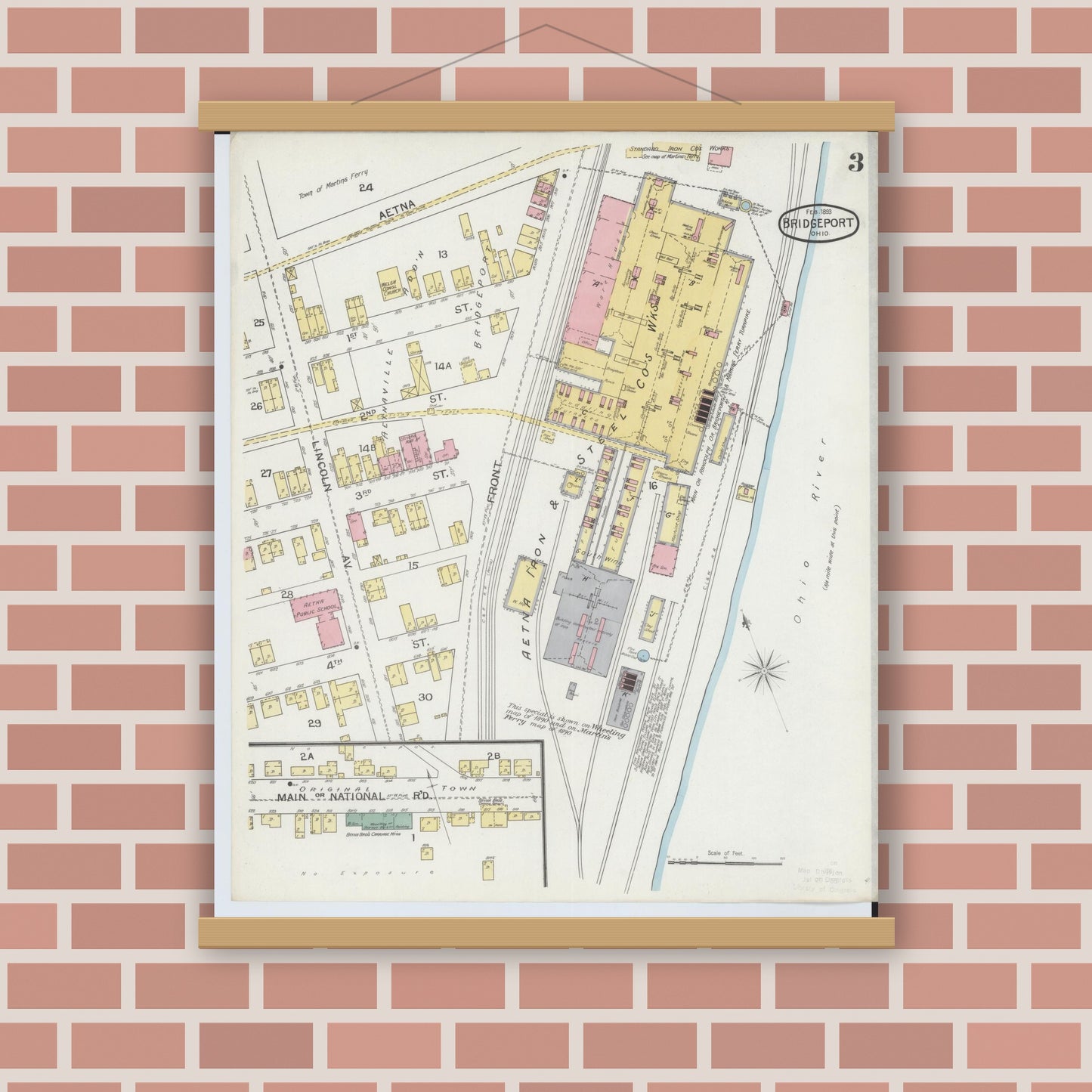 Old map wall art mockup — magnetic wood frame on brick wall — Sanborn Fire Insurance Map from Bridgeport, Belmont County, Ohio (1893), Sheet #0003