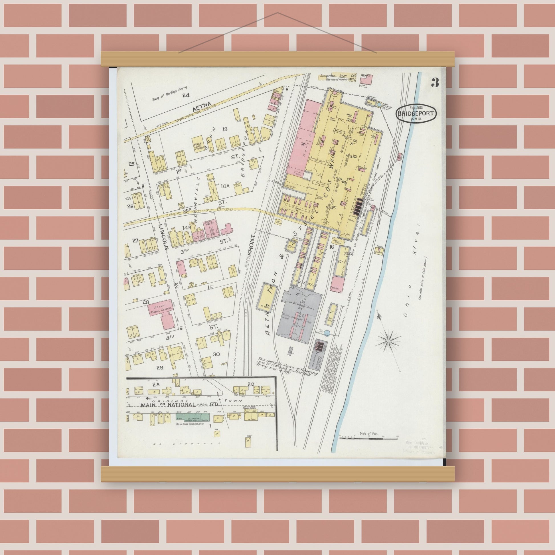 Old map wall art mockup — magnetic wood frame on brick wall — Sanborn Fire Insurance Map from Bridgeport, Belmont County, Ohio (1893), Sheet #0003