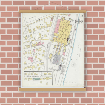 Old map wall art mockup — magnetic wood frame on brick wall — Sanborn Fire Insurance Map from Bridgeport, Belmont County, Ohio (1893), Sheet #0003