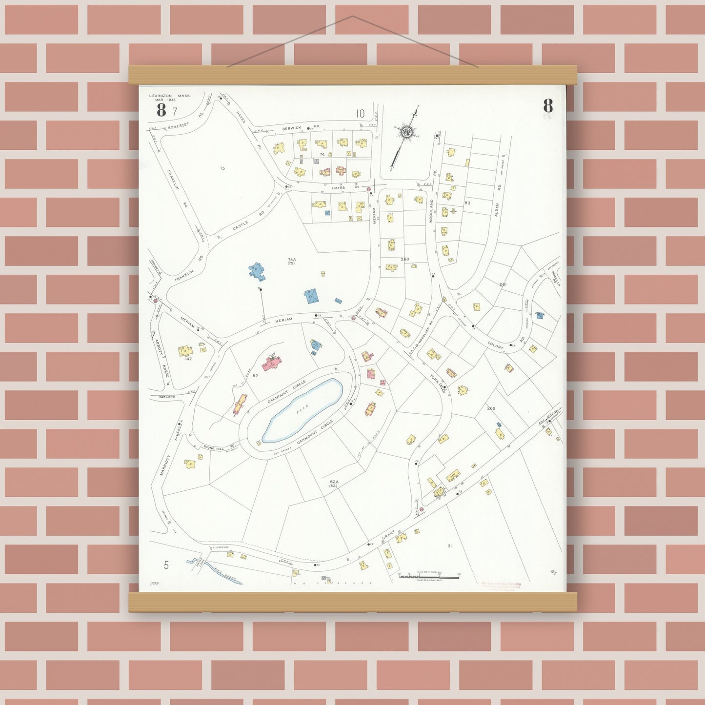 Old map wall art mockup — magnetic wood frame on brick wall — Sanborn Fire Insurance Map from Lexington, Middlesex County, Massachusetts (1935), Sheet #0008