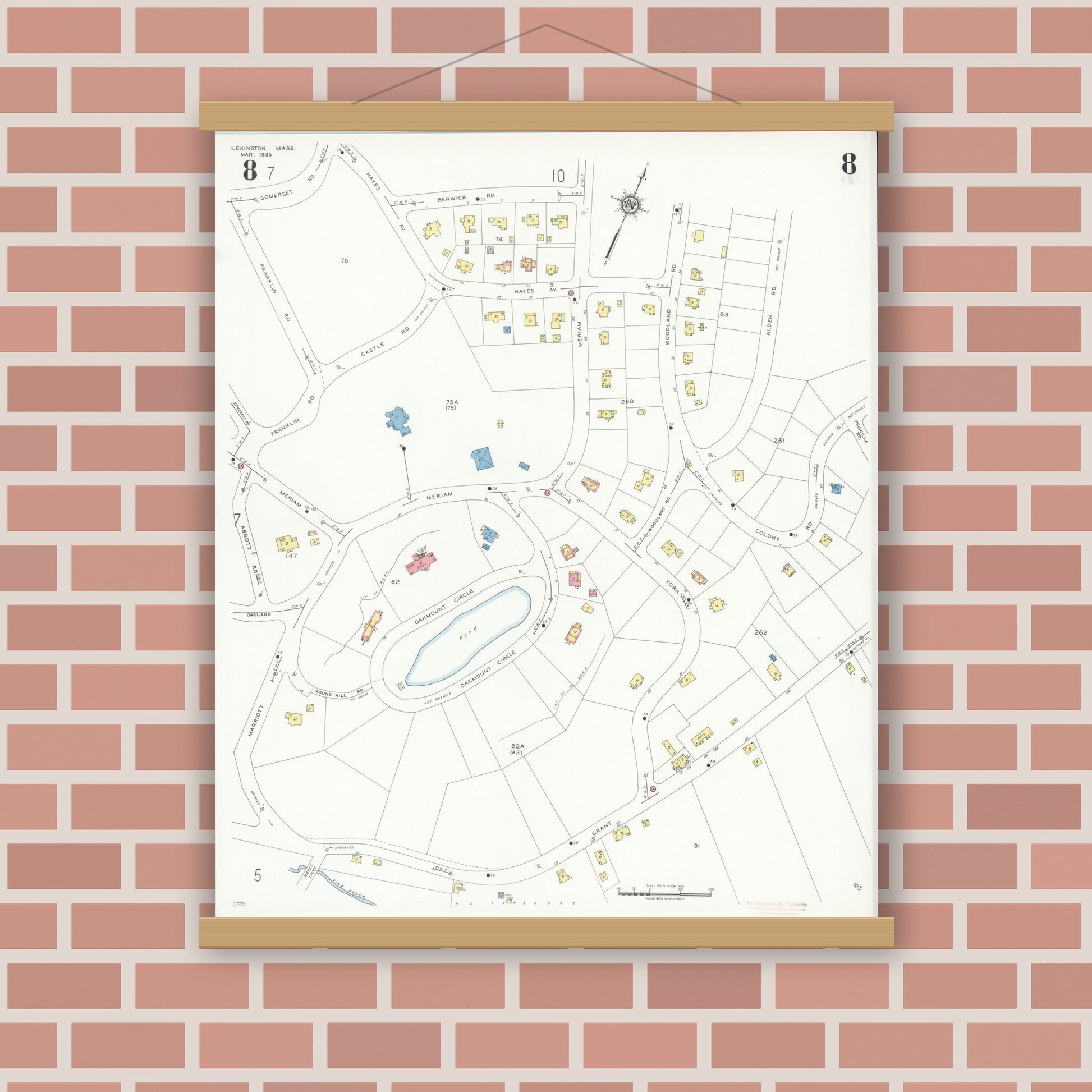 Old map wall art mockup — magnetic wood frame on brick wall — Sanborn Fire Insurance Map from Lexington, Middlesex County, Massachusetts (1935), Sheet #0008