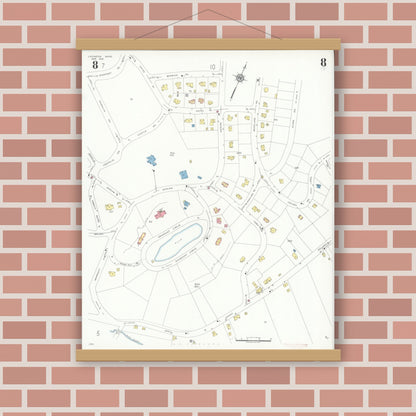 Old map wall art mockup — magnetic wood frame on brick wall — Sanborn Fire Insurance Map from Lexington, Middlesex County, Massachusetts (1935), Sheet #0008