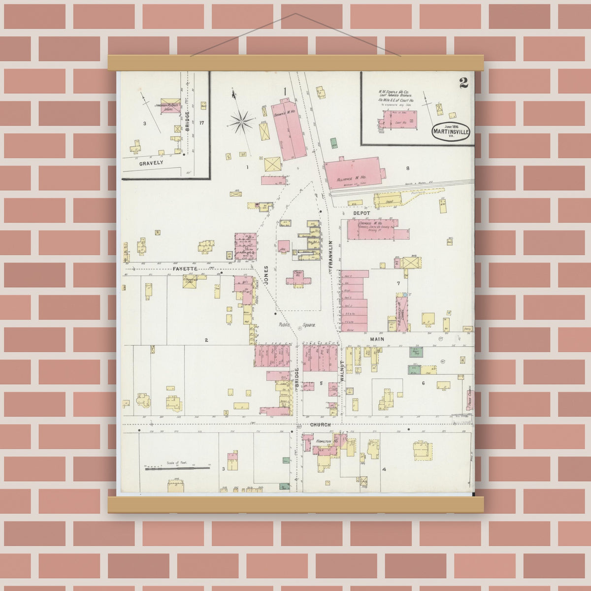 Old map wall art mockup — magnetic wood frame on brick wall — Sanborn Fire Insurance Map from Martinsville, Independent Cities, Virginia (1896), Sheet #0002