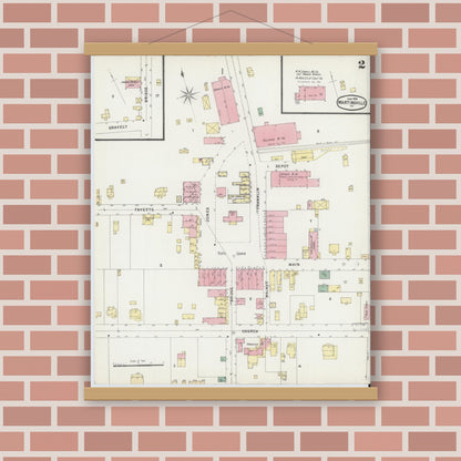 Old map wall art mockup — magnetic wood frame on brick wall — Sanborn Fire Insurance Map from Martinsville, Independent Cities, Virginia (1896), Sheet #0002