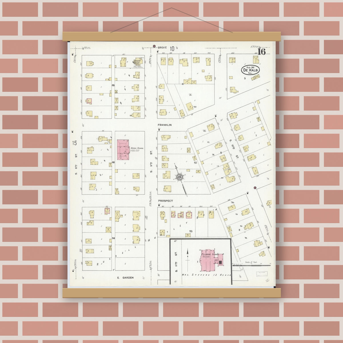 Old map wall art mockup — magnetic wood frame on brick wall — Sanborn Fire Insurance Map from De Kalb, De Kalb County, Illinois (1912), Sheet #0016