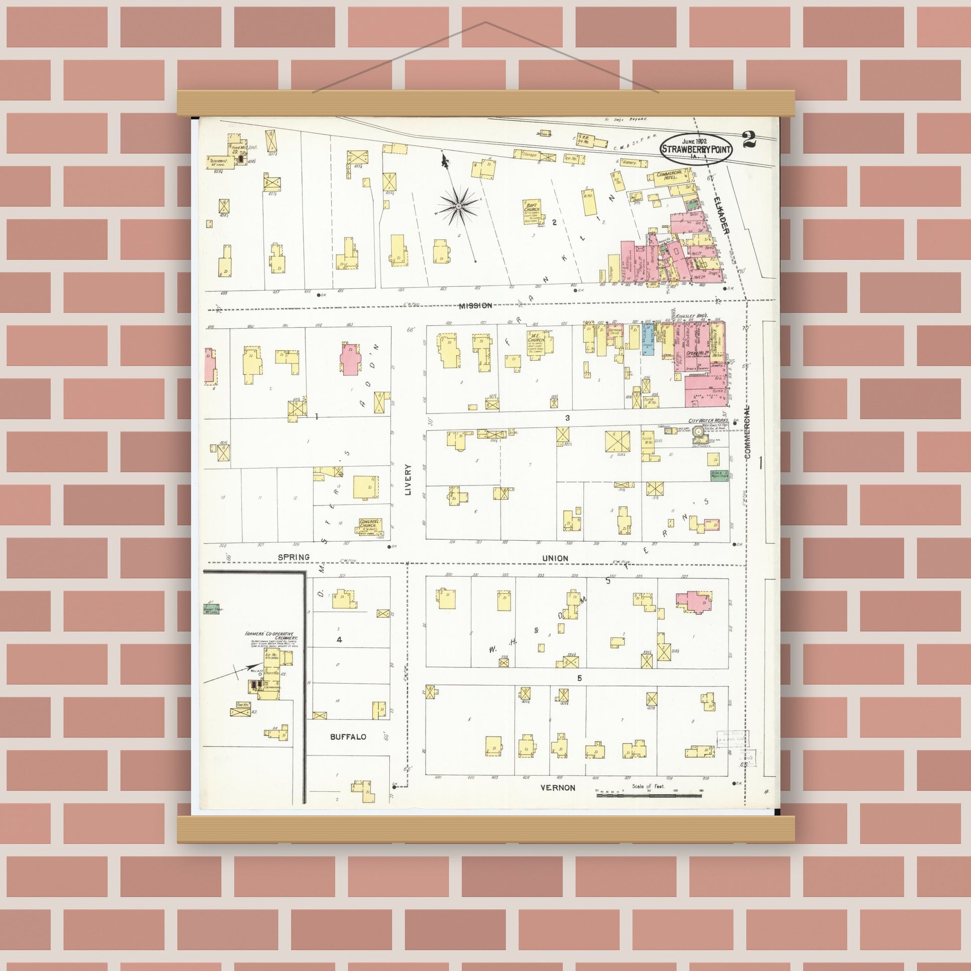 Old map wall art mockup — magnetic wood frame on brick wall — Sanborn Fire Insurance Map from Strawberry Point, Clayton County, Iowa (1902), Sheet #0002