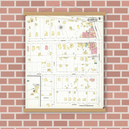 Old map wall art mockup — magnetic wood frame on brick wall — Sanborn Fire Insurance Map from Strawberry Point, Clayton County, Iowa (1902), Sheet #0002
