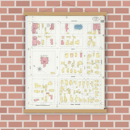 Old map wall art mockup — magnetic wood frame on brick wall — Sanborn Fire Insurance Map from Flint, Genesee County, Michigan (1902), Sheet #0012