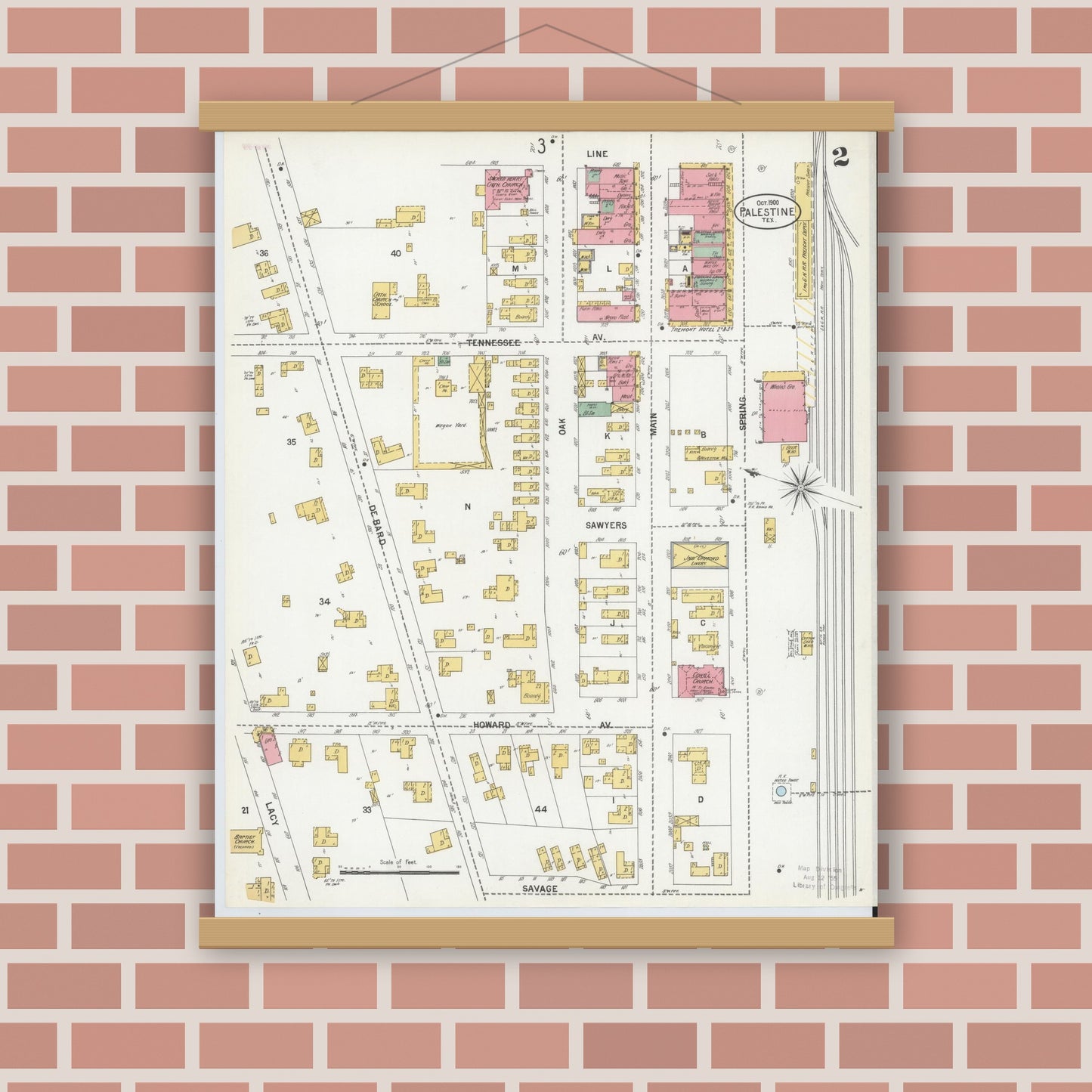 Old map wall art mockup — magnetic wood frame on brick wall — Sanborn Fire Insurance Map from Palestine, Anderson County, Texas (1900), Sheet #0002