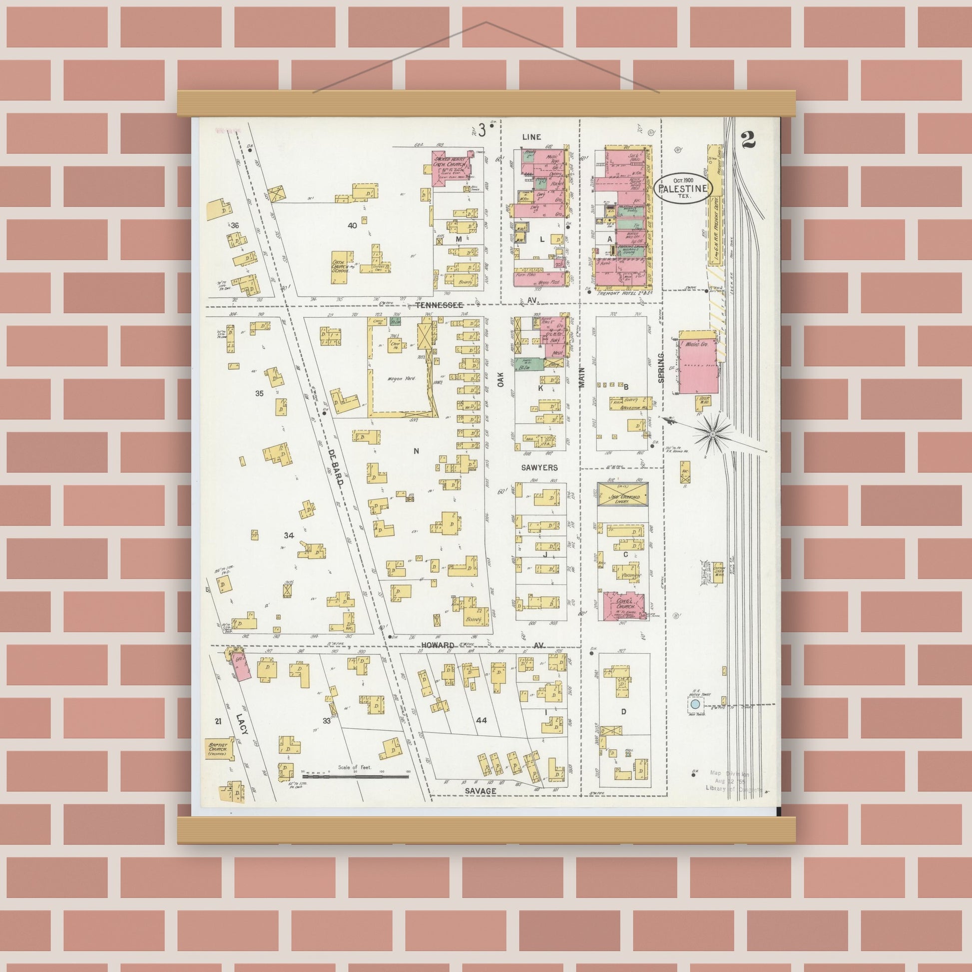 Old map wall art mockup — magnetic wood frame on brick wall — Sanborn Fire Insurance Map from Palestine, Anderson County, Texas (1900), Sheet #0002