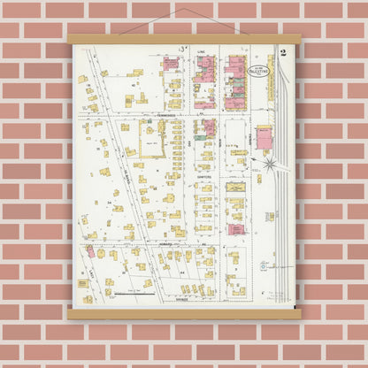 Old map wall art mockup — magnetic wood frame on brick wall — Sanborn Fire Insurance Map from Palestine, Anderson County, Texas (1900), Sheet #0002