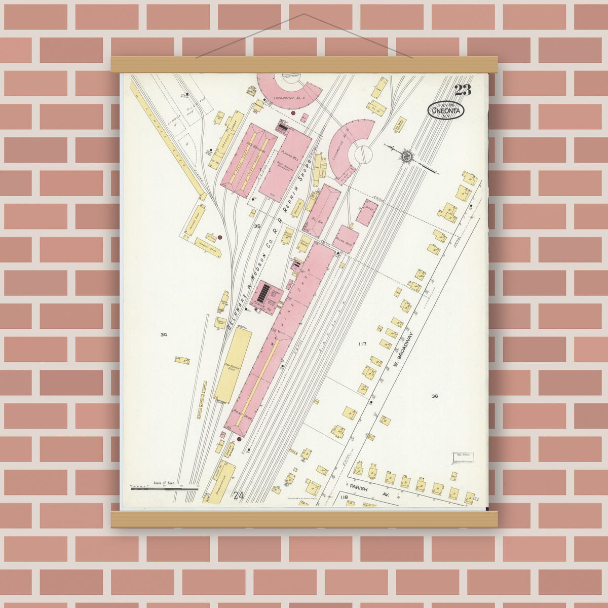 Old map wall art mockup — magnetic wood frame on brick wall — Sanborn Fire Insurance Map from Oneonta, Otsego County, New York (1916), Sheet #0023