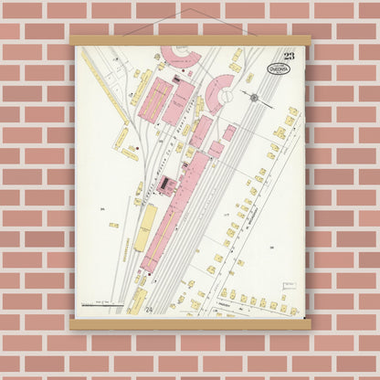 Old map wall art mockup — magnetic wood frame on brick wall — Sanborn Fire Insurance Map from Oneonta, Otsego County, New York (1916), Sheet #0023