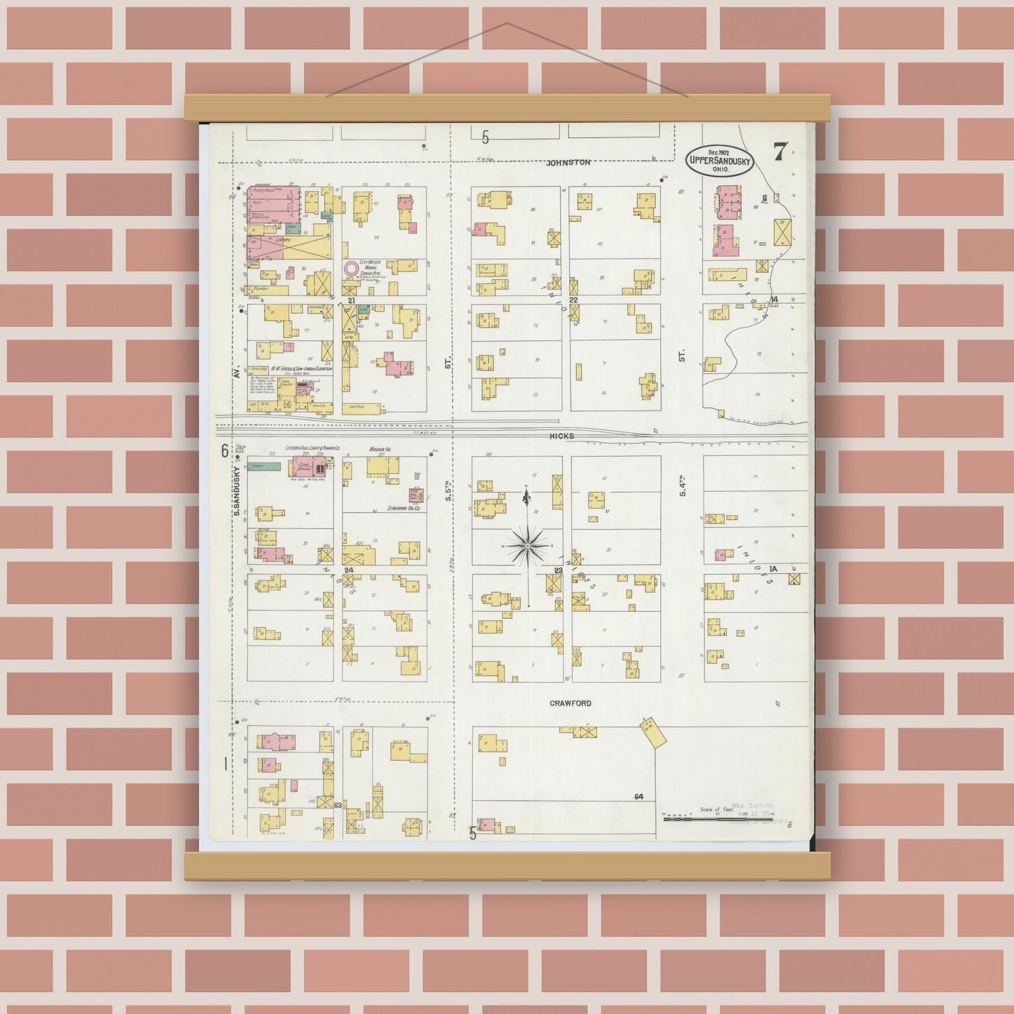 Old map wall art mockup — magnetic wood frame on brick wall — Sanborn Fire Insurance Map from Upper Sandusky, Wyandot County, Ohio (1902), Sheet #0007